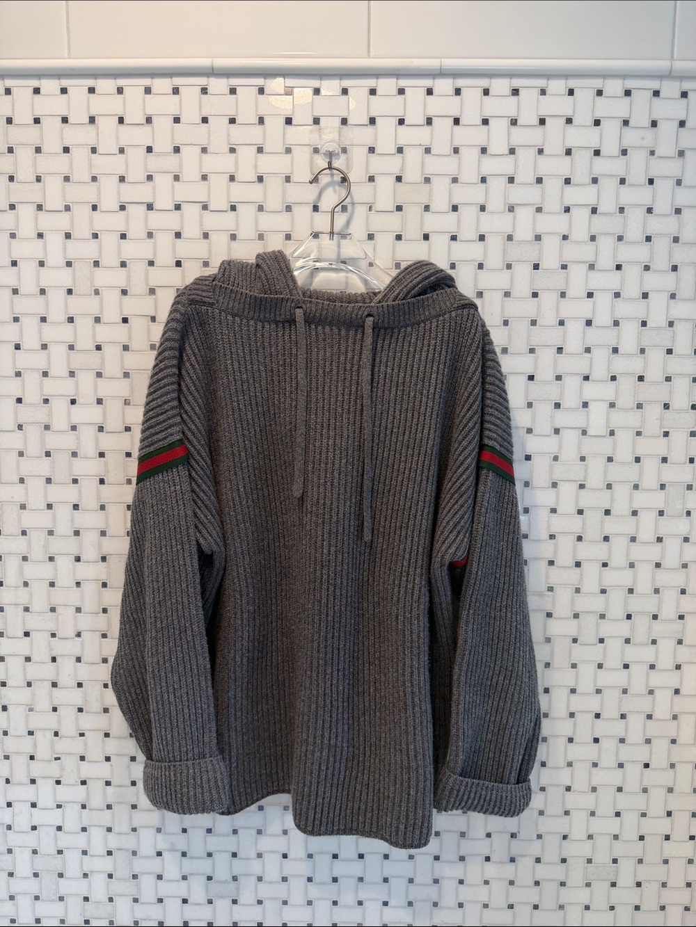 GUCCI Gray Ribbed Hooded Sweater with Accent Stripes